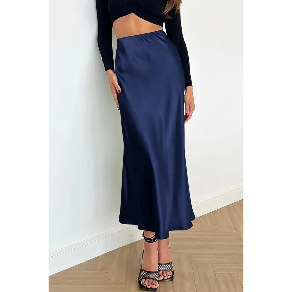 Women's Navy Blue High Waisted Cocktail Satin Flowy Elegant A Line Midi Skirt - Picture 4 of 6